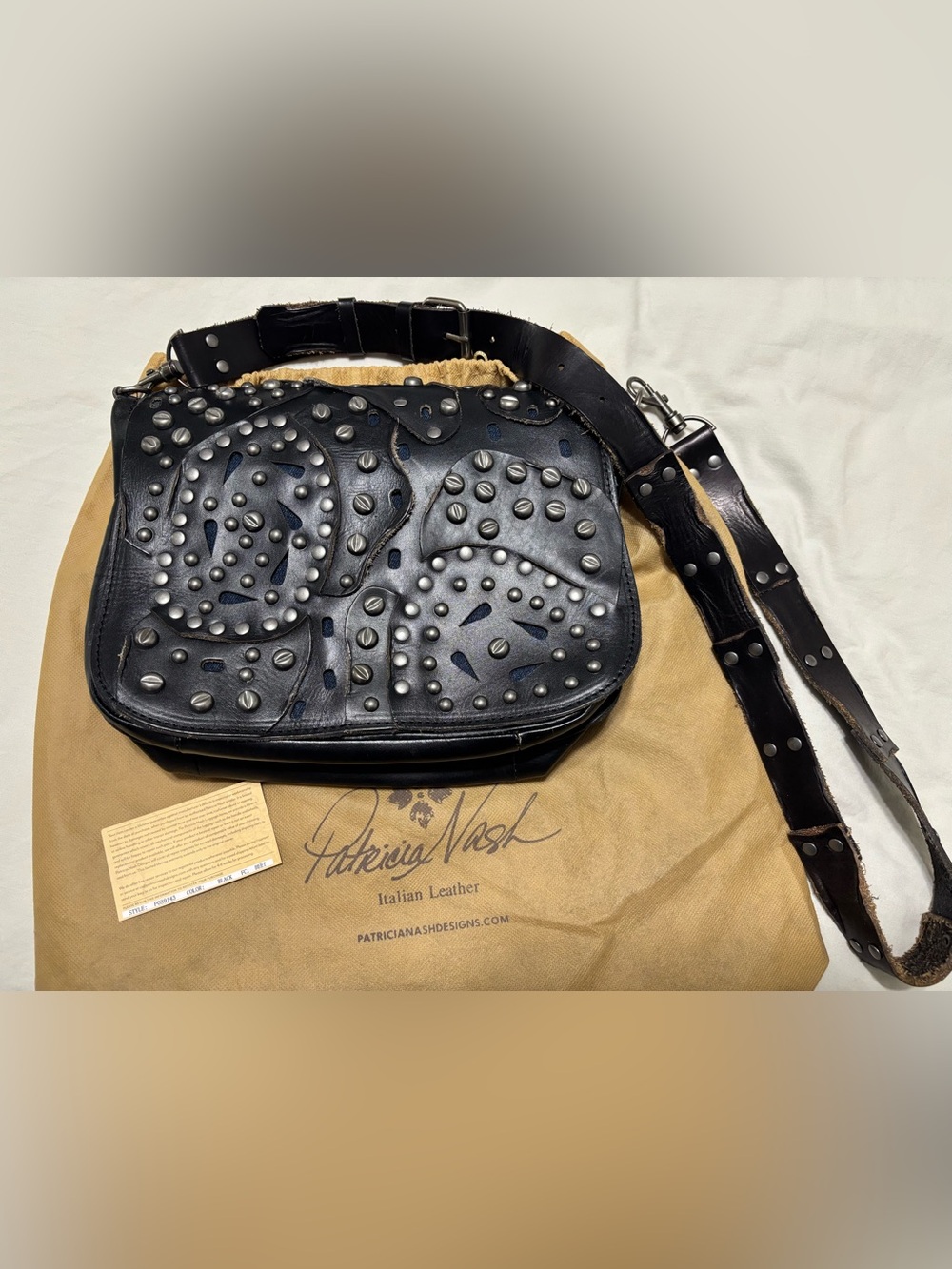 Patricia Nash Black Distressed Leather Studded Crossbody Saddle Bag w/Dust Cover - Picture 1 of 11